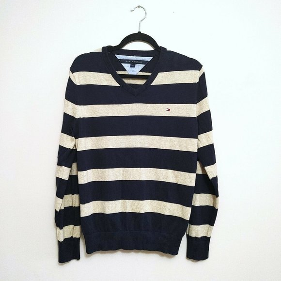 Tommy Hilfiger Sweater Men's Medium Blue Beige Striped Long Sleeve V Neck Cotton